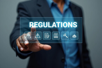 Corporate regulations and compliance concept, rules, law, standard, Businessman touching regulation word and icons on virtual screen.