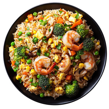 a black plate of egg fried rice with prawns, cabbage, green peas, sweet corn, carrots, broccoli and shiitake mushroom, shot top down, realistic food photography, isolated on a White background