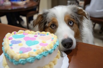 A celebration for a dog's birthday featuring a delicious cake designed just for them.