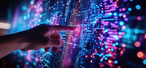 Hand interacting with colorful digital interface of data and technology