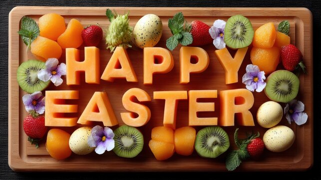 A fruit display spelling out ?HAPPY EASTER? with alphabet-shaped melon pieces, laid on a wooden board and decorated with flower petals., copyspace for text - decor pattern design