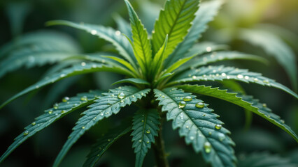 Close-up photo of a THC flower with drops of water on its leaves, emphasizing its natural beauty and freshness.
