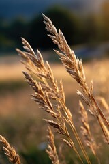 A detailed perspective of wild grass bathed in the soft light of the evening sun.