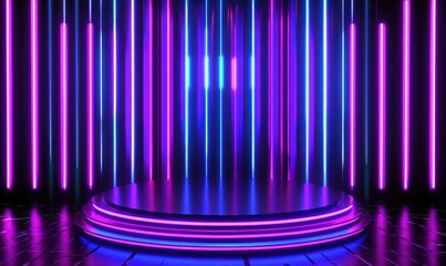Neon lights illuminate a circular stage, perfect for product displays or presentations
