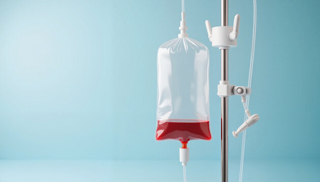 Transparent IV bag filled with blood hanging beside medical equipment, health awareness
