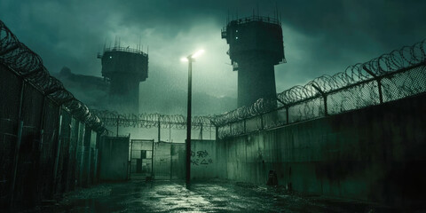 Eerie prison yard at night with guard towers and barbed wire in heavy rain