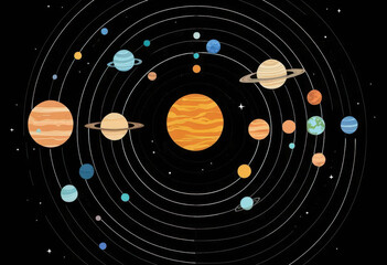 Colorful Illustration of Solar System with Planets and Sun, A vector illustration of a solar system with planets.