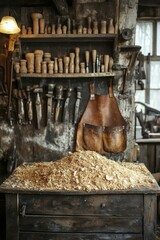 Vintage Woodworking Workshop Interior with Tools, Wooden Objects, Leather Apron, and Wood Shavings