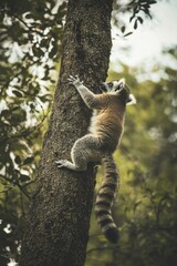Ring-tailed Lemur Climbing Tree Trunk in Forest Habitat, Grasping Bark