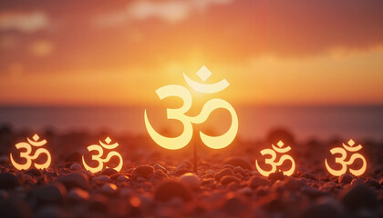 Glowing Om symbols at sunrise, spiritual awareness composition