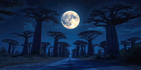 Fototapeta premium Enchanting night landscape with full moon and majestic baobab trees