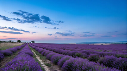 Obraz premium A serene natural scene of a lavender field stretching under a clear blue sky.