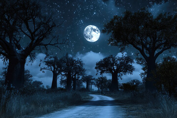 Fototapeta premium Enchanting night landscape with full moon and majestic baobab trees under starry sky
