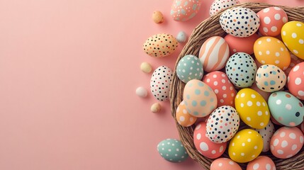 Top view of assorted Easter eggs polka dots and abstract patterns spilling from a rustic basket onto a soft pink background designed for minimalist branding needs