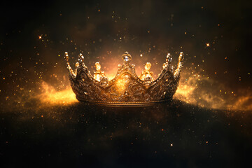 Majestic golden crown surrounded by sparkling light and dark background