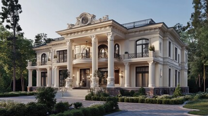 Fototapeta premium Elegant Victorian exterior with ornate details, grand columns, and a stately, historic appeal 