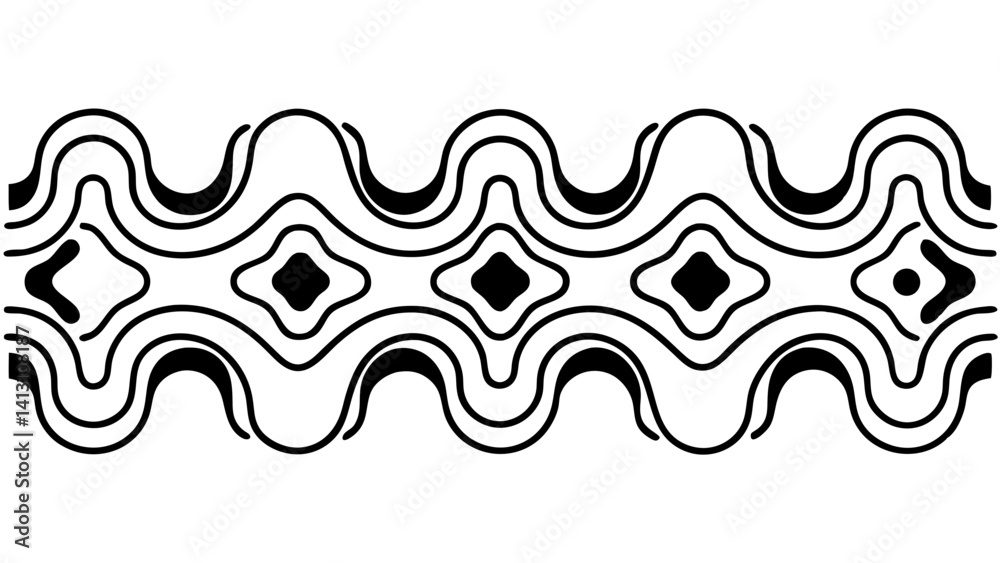 Poster black and white wavy line pattern with diamond and circle shapes in a repeating horizontal border de