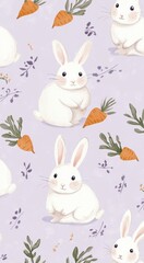 Obraz premium Seamless Repeating Watercolor White Rabbits Carrots Light Purple Backdrop