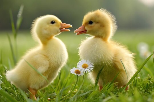 Two Cute Yellow Ducklings in Green Grass 4K