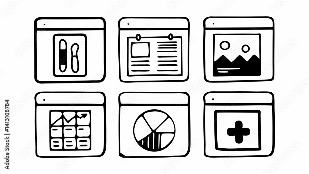 Poster illustration of six hand drawn application windows with different symbols displayed inside each one 