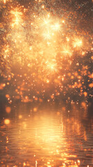 Naklejka premium Enchanting sparkling lights reflecting on tranquil water in golden forest evening