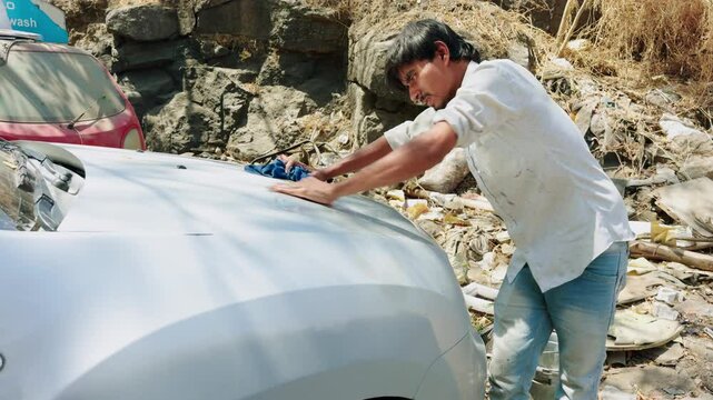 Technician clears putty from car using scraper outdoor