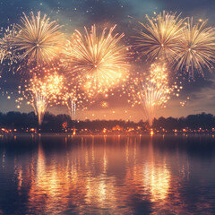 Spectacular fireworks exploding in night sky over lake reflection