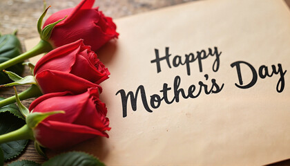 Red roses with handwritten &ldquo;Happy Mother&rsquo;s Day&rdquo; on card, love and gratitude