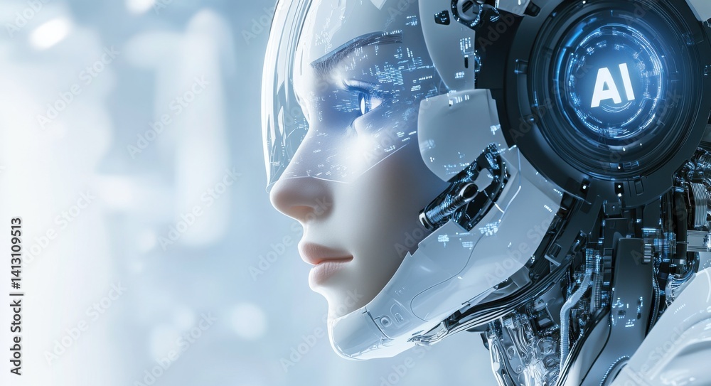 Poster futuristic ai-powered robot with digital technology elements and virtual interface