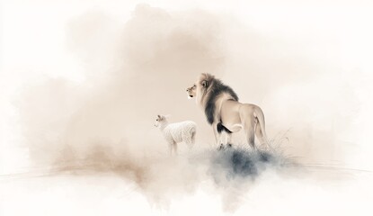 Watercolor painting of lion and lamb.