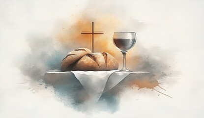 Watercolor painting of bread with glass of wine and cross. Christian communion concept for reminder of Jesus sacrifice.	