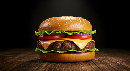 Appetizing Cheeseburger With Fresh Ingredients On Rustic Wooden Table