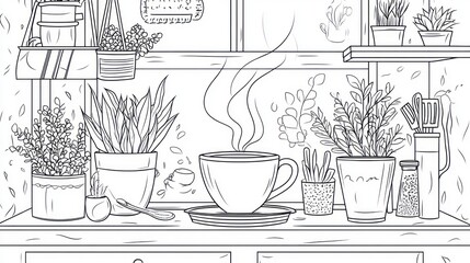 Cozy kitchen display, herbs, plants, and coffee. Line art illustration.  Possible use for coloring book, print design