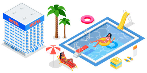Hotel resort with palms, swimming pool and relaxing woman. Summer vacation icons. Vector 3d isometric design elements © Qualit Design