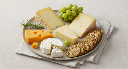 Delicious Assortment Of Cheeses With Grapes And Crackers On A Plate