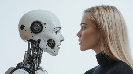 Human Woman Interacting Face-to-Face with Advanced Robotics AI Machine