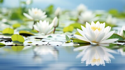 Close-Up of White Lotus Flower on a Calm Pond with Lily Pads and Natural Reflections in Tranquil Nature