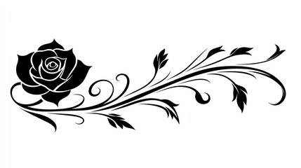 Isolated on white Art Nouveau black rose tattoo with flowing curves, organic forms and intricate petal detailing