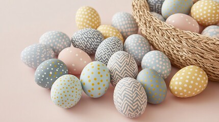 Aesthetic flat lay showing Easter eggs modern patterns in soft pastel colors artfully scattered from a woven basket on a light pink surface clean and elegant holiday scene