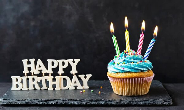 Festive birthday cupcake with candles and wishes.