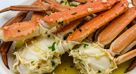 Delicious Snow Crab Legs With Garlic Butter Sauce And Herbs