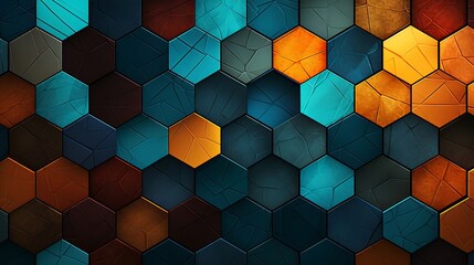 Vector Background Pattern with Abstract 3D Hexagonal Mosaic in Blue, Orange, and Gold Tones