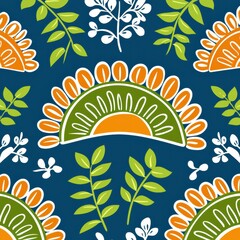 Obraz premium A beautiful pattern featuring orange and green flowers creating a vibrant visual scene