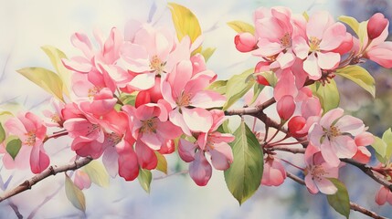 Watercolor Illustration of Pink Apple Blossoms on Branch with Green Leaves in Soft Spring Light