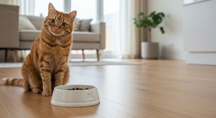 Curious orange tabby cat sitting beside a white food bowl filled with kibble in a bright living room