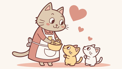 Mother Cat Feeding Kittens Cute Cartoon Illustration