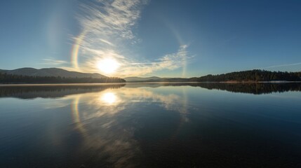 Fototapeta premium Serene Lake scene with a sun halo reflecting on calm water, symbolizing peace and natural beauty. Ideal for travel blogs, nature documentaries, environmental awareness campaigns.