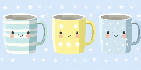 A modern compilation of Halloween mugs features an assortment of cute cups for hot cocoa, coffee, and tea, each bearing delightful faces, ghosts, pumpkins, witches, black cats, and skulls, presented