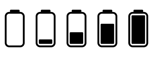 Battery icon set. Battery charge indicator. Battery charging sign and symbol.