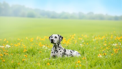 Fototapeta premium Vibrant Dalmatian dog lounging in a picturesque meadow filled with wildflowers on a sunny day
